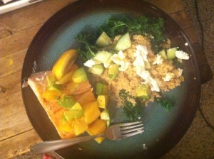 Salmon marinated in white wine and lemon, with an avocado/mango salsa